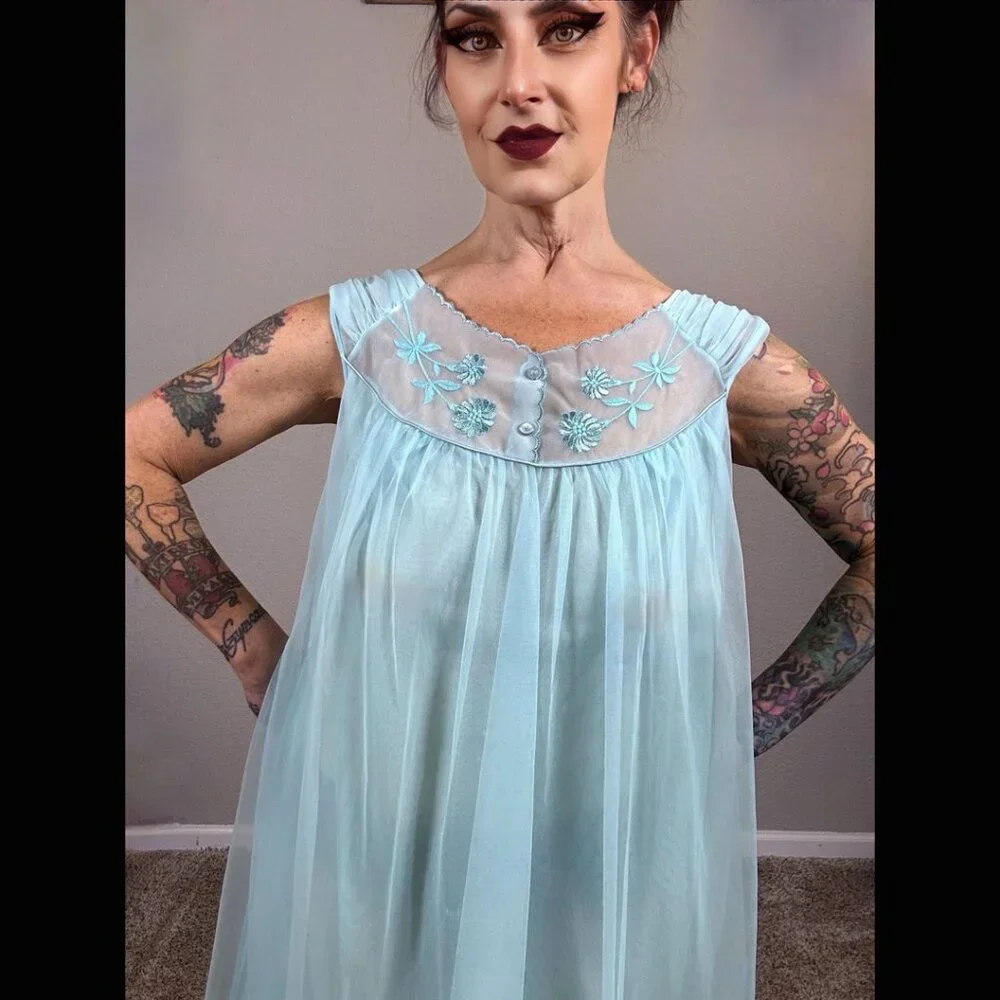 60s Bright Blue Babydoll Double Layer Lingerie Embroidered Floral Mod Pinup M L - Picture 3 of 15